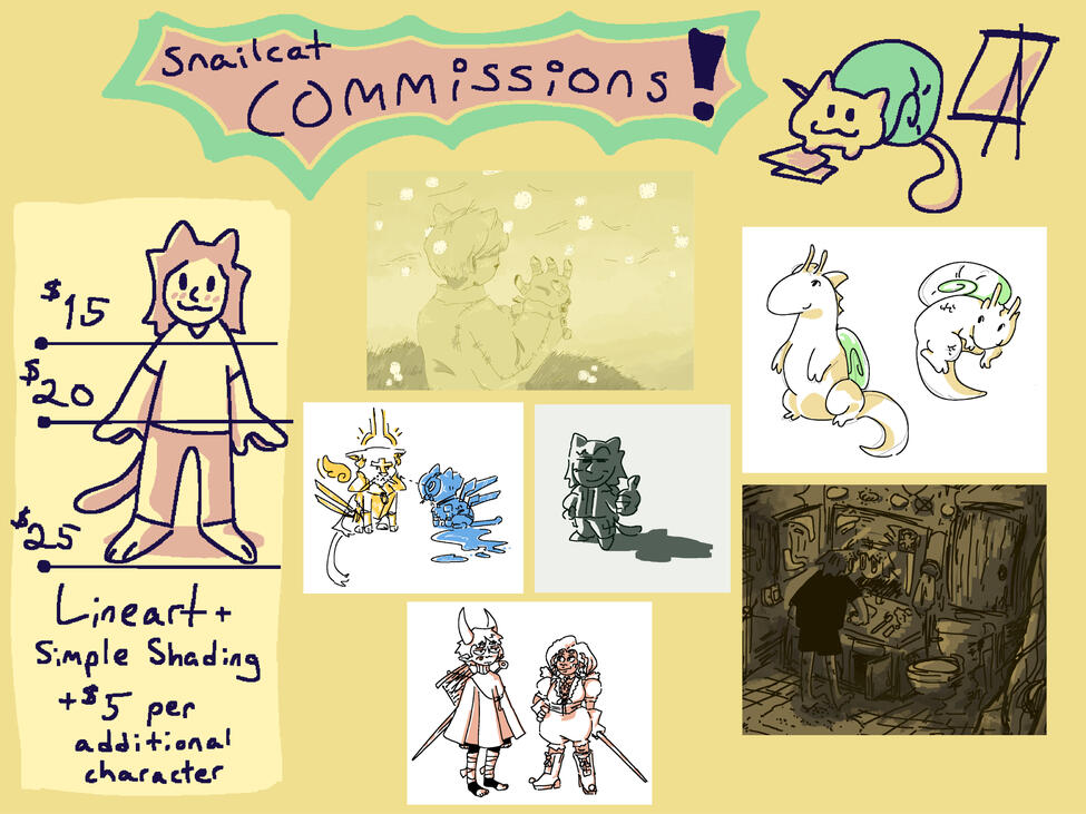 Lineart + Simple Shading: $15 bust, $20 torso, $25 full body, +$5 per additional character