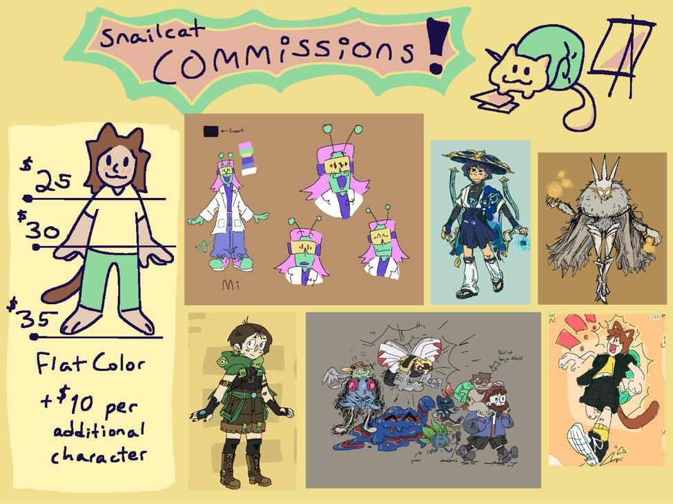 Flat Color: $25 bust, $30 torso, $35 full body, +$10 per additional character