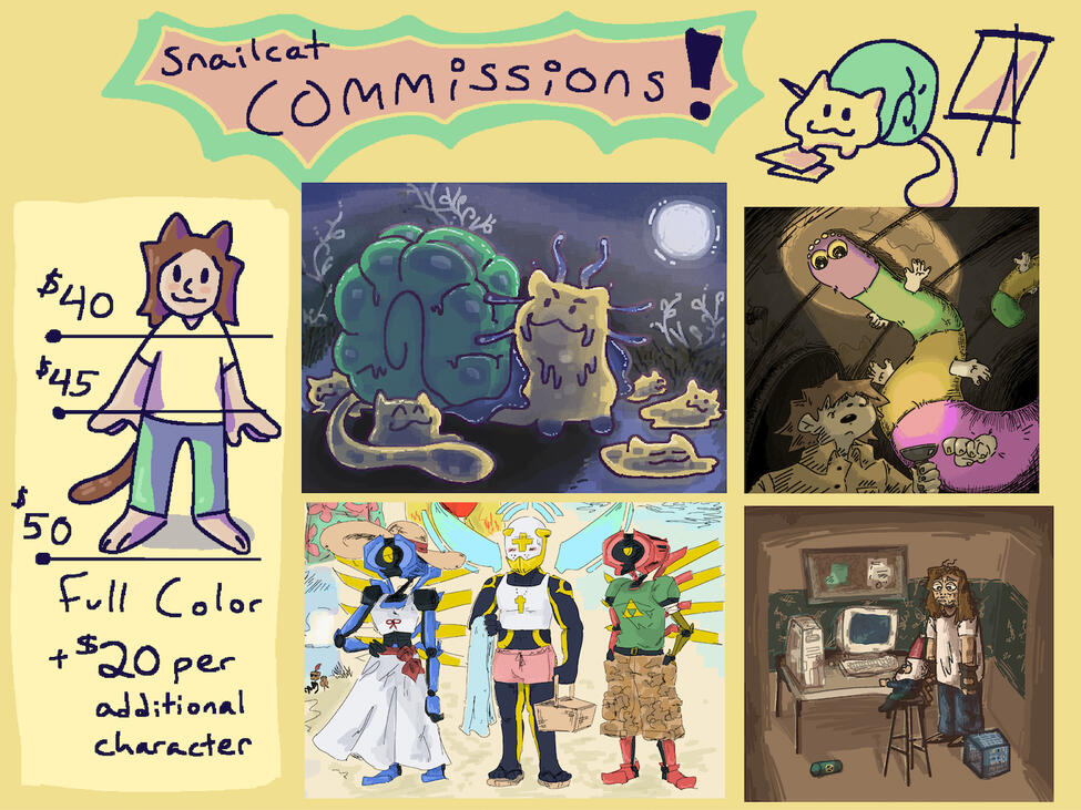 Full Color: $40 bust, $45 torso, $50 full body, +$20 per additional character